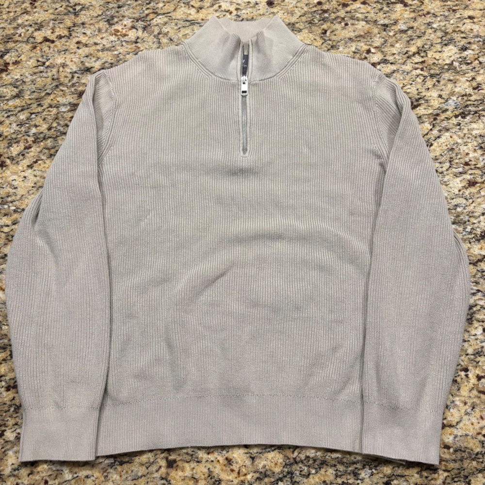 HM Mens Slim Fit Quarter Zip Ribbed Sweater Taupe Beige Mock Neck Large ws
